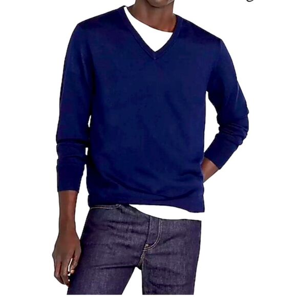 J. Crew Bright Navy Blue 100% Merino Wool V-Neck Long Sleeve Sweater Size L - Picture 1 of 11